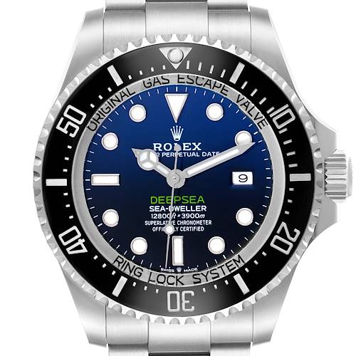 The Rolex Sea-Dweller 126660 Men's Stainless Steel Blue Dial 126660 Men's Stainless Steel Blue Dial watch is shown from the front, displaying the bezel, dial, hands, and part of the bracelet.