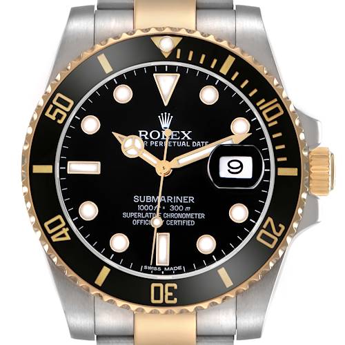The Rolex Submariner 116613 Men's Steel and Gold (two tone) Black Dial 116613 Men's Steel and Gold (two tone) Black Dial is shown from the front, highlighting the bezel, dial, hands, and date window.
