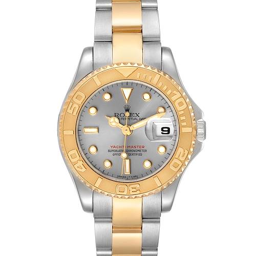 The image shows a frontal view of a Rolex Yacht-Master 69623 Women's Steel and Gold (two tone) Grey Dial 69623 Women's Steel and Gold (two tone) Grey Dial watch, highlighting its gold bezel and two-tone bracelet.