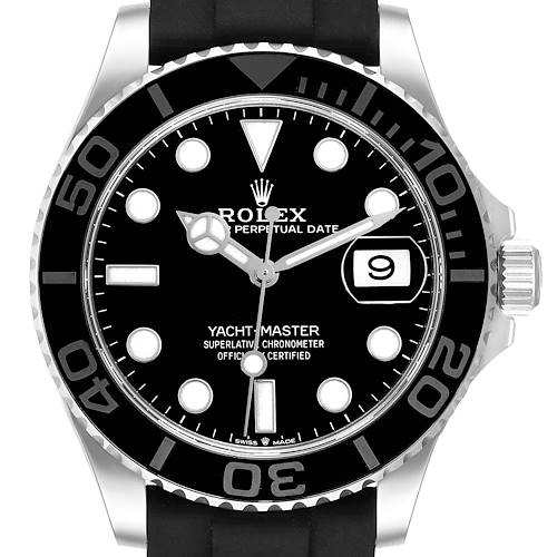 The Rolex Yacht-Master 226659 Men's White Gold Black Dial 226659 Men's White Gold Black Dial watch is shown from the front, displaying the bezel, dial, hands, and date window.