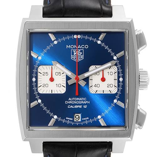 The image shows a front view of a Tag Heuer Monaco CAW2111 Men's Stainless Steel Blue Dial CAW2111 Men's Stainless Steel Blue Dial watch, displaying the face, subdials, and a part of the strap.