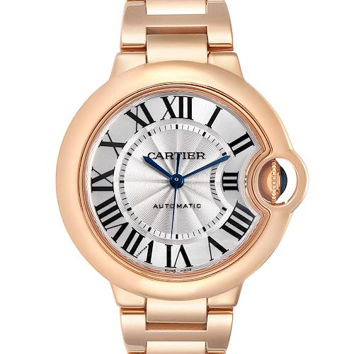 This image shows a frontal view of the dial and part of the bracelet of the Ballon Bleu de Cartier watch.