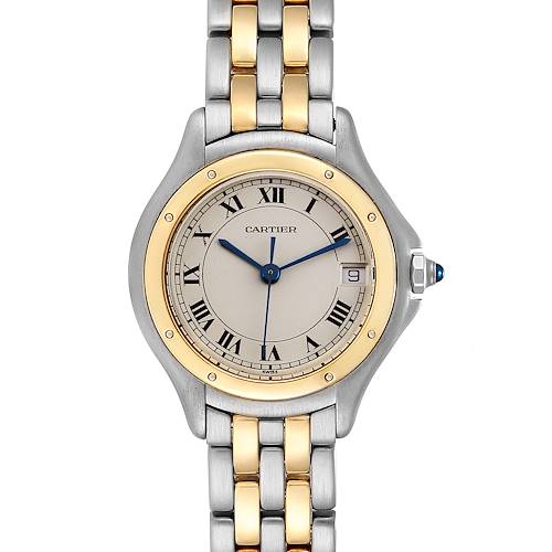 The image shows a frontal view of a Cartier Panthère watch highlighting the face, bezel, and part of the bracelet.