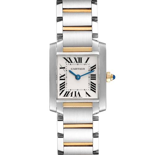 The image shows a front view of the Cartier Tank Française watch, highlighting its face, bracelet, and crown.