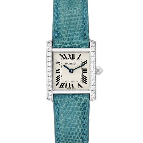 This image shows a front view of a Cartier Tank Française watch with a turquoise leather strap and diamond-studded bezel.