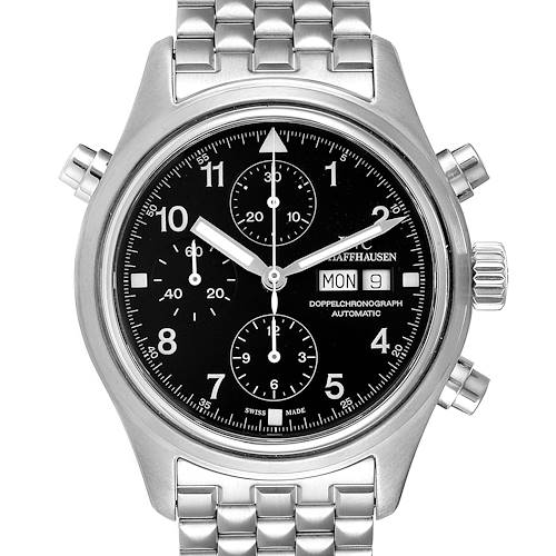 The IWC Pilot IW371319 Men's Stainless Steel Black Dial IW371319 Men's Stainless Steel Black Dial model watch is shown from the front, displaying the face and metal bracelet.