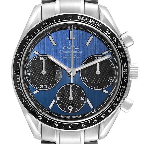 The image shows the Omega Speedmaster 326.30.40.50.03.001 Men's Stainless Steel Blue Dial 326.30.40.50.03.001 Men's Stainless Steel Blue Dial watch face, highlighting the dials, chronograph, and tachymeter scale at a front angle.