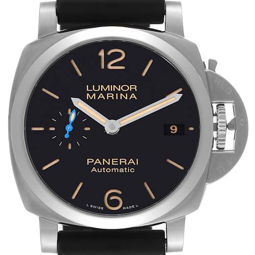 This image shows a front view of the Panerai Luminor PAM01392 Men's Stainless Steel Black Dial PAM01392 Men's Stainless Steel Black Dial Marina watch, highlighting the face, hands, and crown guard.