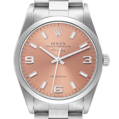 The Rolex Air-King 14000 Men's Stainless Steel Pink Dial 14000 Men's Stainless Steel Pink Dial watch is shown from the front, displaying its dial, hands, crown, and part of the bracelet.