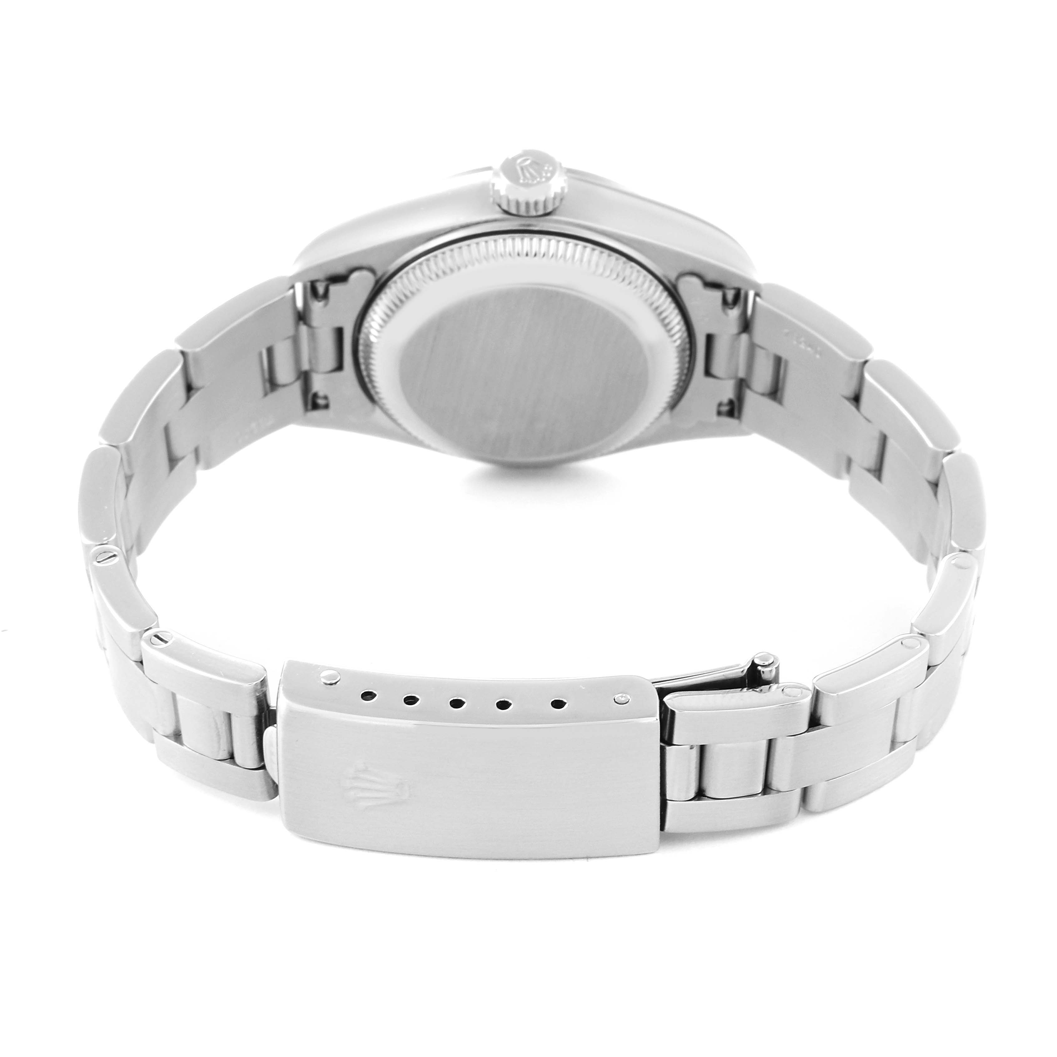 The image shows the back of a Rolex Date 79160 Women's Stainless Steel White Dial 79160 Women's Stainless Steel White Dial model watch, including the case back, crown, bracelet, and clasp.