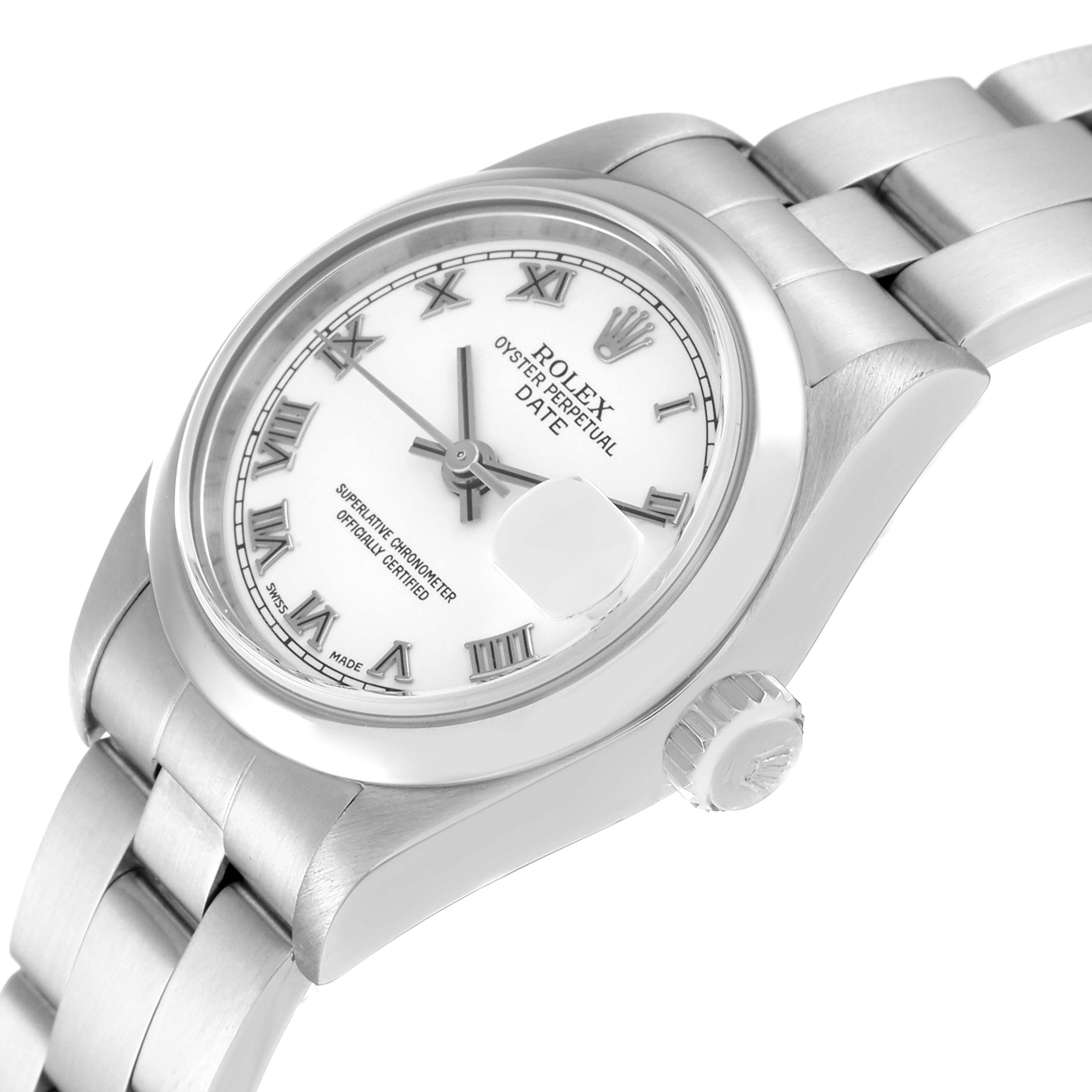 The image shows a side angle of the Rolex Date 79160 Women's Stainless Steel White Dial 79160 Women's Stainless Steel White Dial model watch, displaying the dial, bezel, and part of the bracelet.