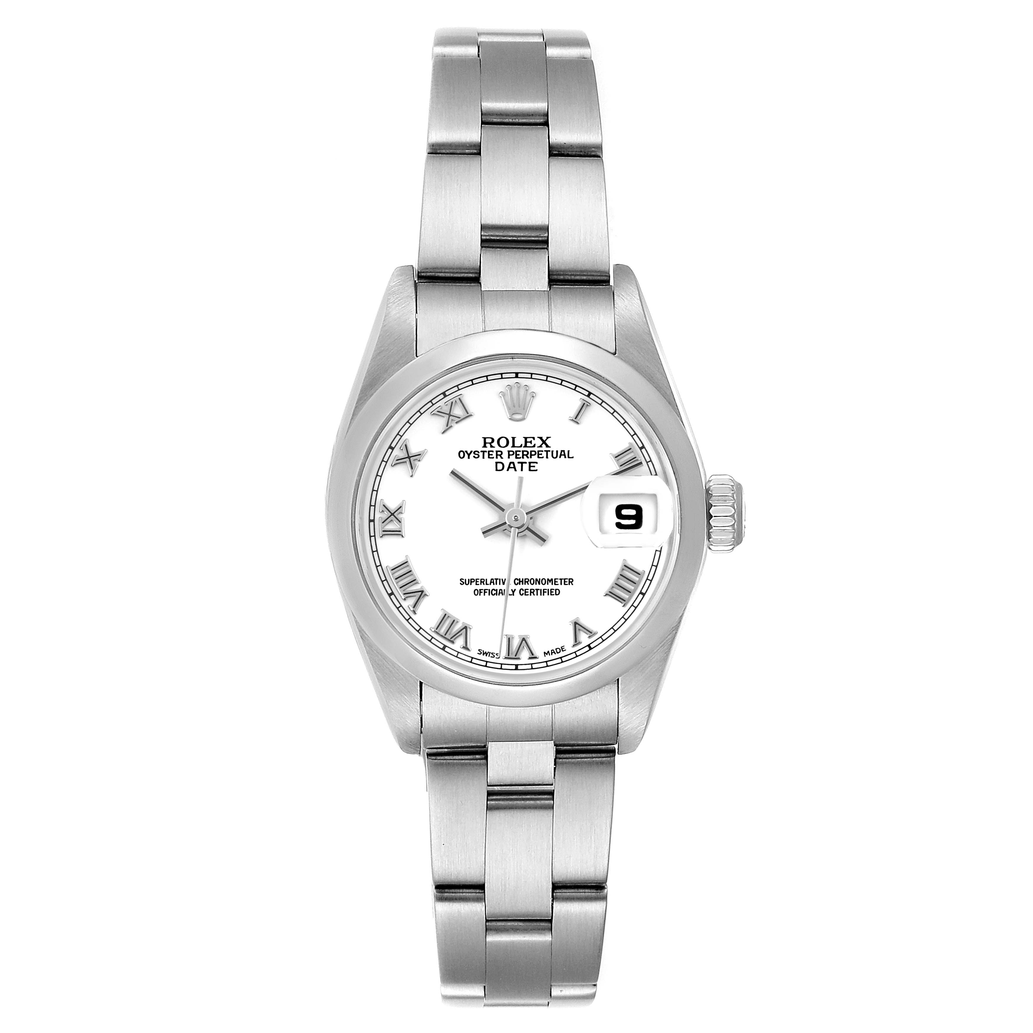 The image shows a front view of a Rolex Date 79160 Women's Stainless Steel White Dial 79160 Women's Stainless Steel White Dial model watch with a stainless steel bracelet, white dial, and date window.