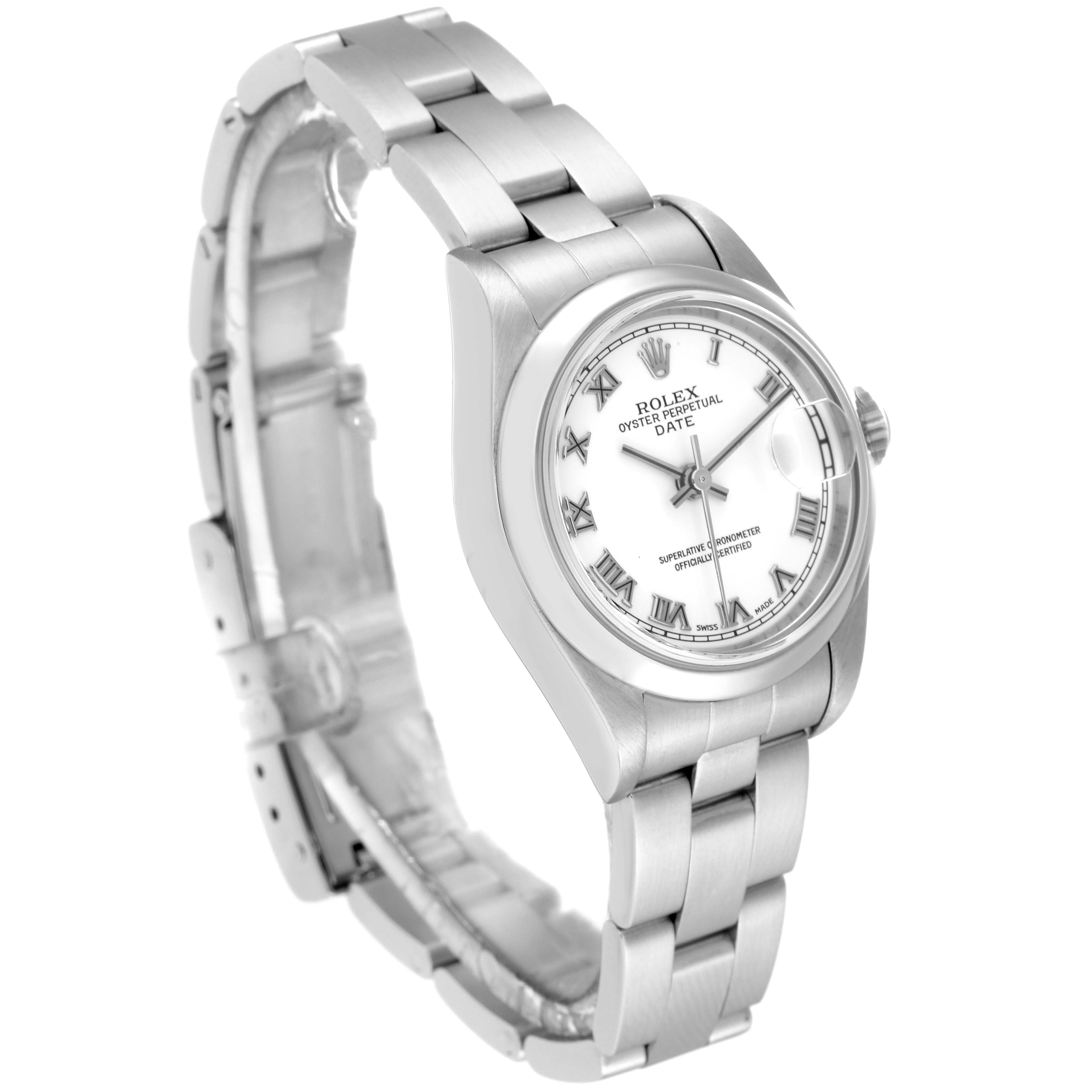 The image shows a side and front angle of a Rolex Date 79160 Women's Stainless Steel White Dial 79160 Women's Stainless Steel White Dial model watch, highlighting the face, bezel, crown, and bracelet.