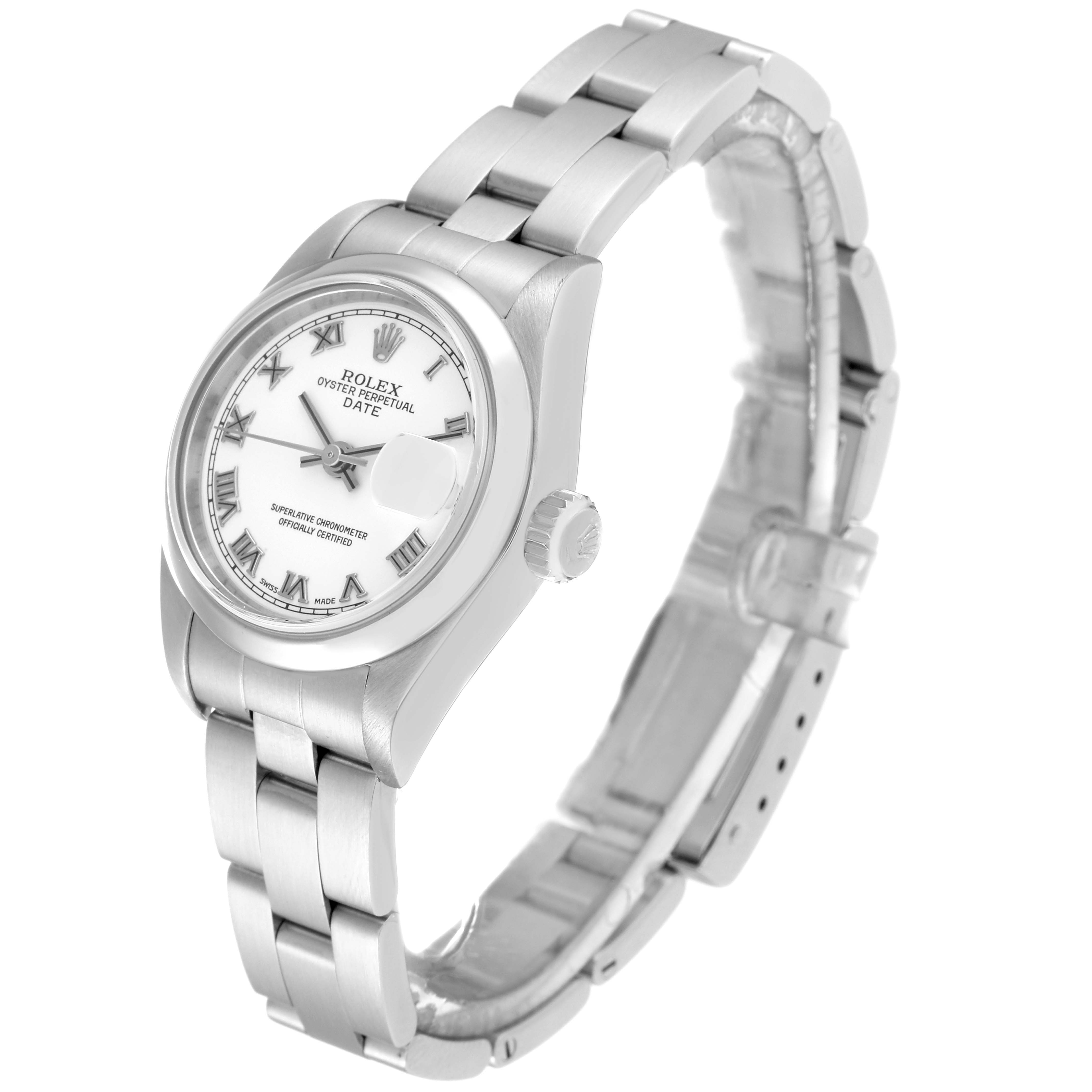 This image shows a side and angled view of a Rolex Date 79160 Women's Stainless Steel White Dial 79160 Women's Stainless Steel White Dial model, highlighting its bezel, crown, dial, and bracelet.