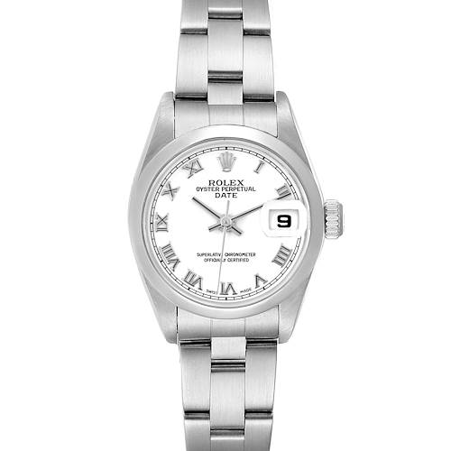 The image shows the front view of a Rolex Oyster Perpetual Date model watch, displaying the dial and bracelet.