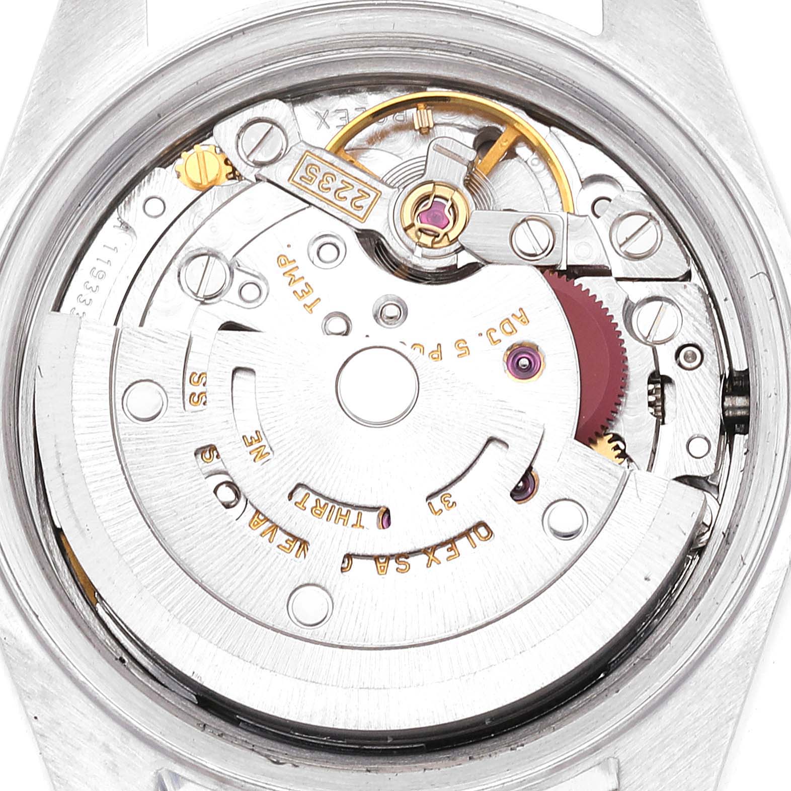 The image shows a close-up view of the internal movement mechanism of the Rolex Date 79160 Women's Stainless Steel White Dial 79160 Women's Stainless Steel White Dial model watch.