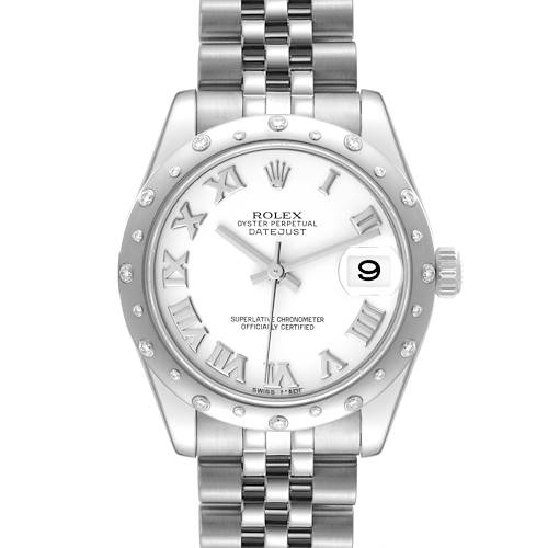 The image shows the front view of a Rolex Datejust 178344 Women's Stainless Steel White Dial 178344 Women's Stainless Steel White Dial watch, highlighting the watch face, bezel, dial, bracelet, and date display.