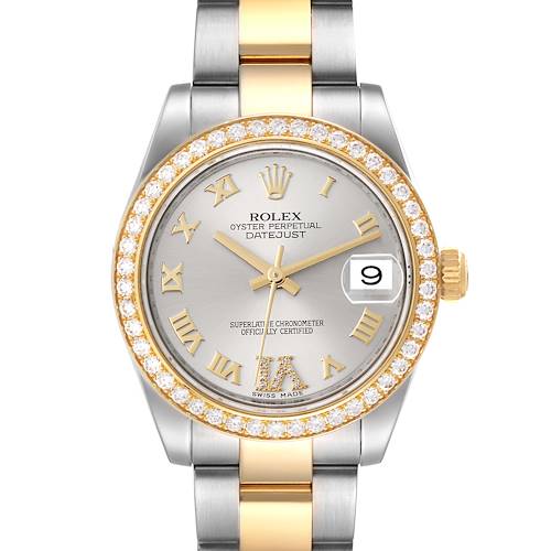 The image shows a front view of a Rolex Mid-Size 178383 Women's Steel and Gold (two tone) Silver Dial 178383 Women's Steel and Gold (two tone) Silver Dial Datejust watch with a two-tone bracelet and diamond bezel.