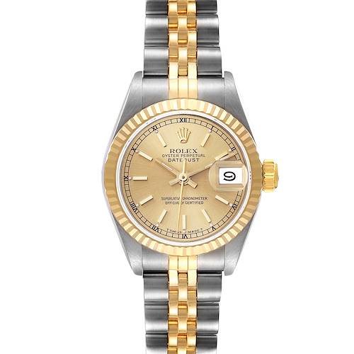 The image shows a front view of a Rolex Datejust 69173 Women's Steel and Gold (two tone) Champagne Dial 69173 Women's Steel and Gold (two tone) Champagne Dial watch, highlighting the dial, bezel, crown, and two-tone bracelet.