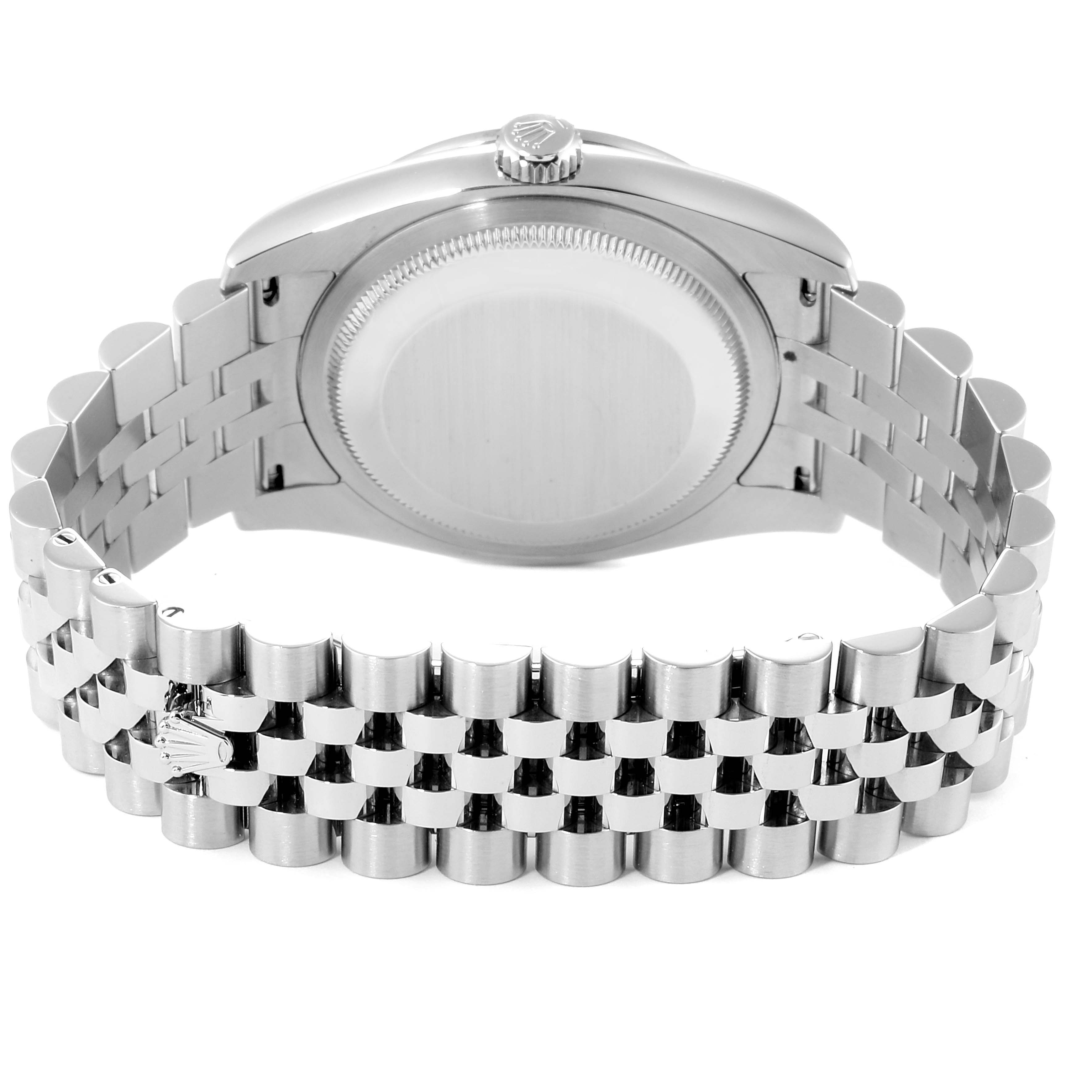 The image shows a rear view of a Rolex Datejust 116244 Men's Stainless Steel Mother of Pearl Dial 116244 Men's Stainless Steel Mother of Pearl Dial watch, displaying the case back and the jubilee bracelet.