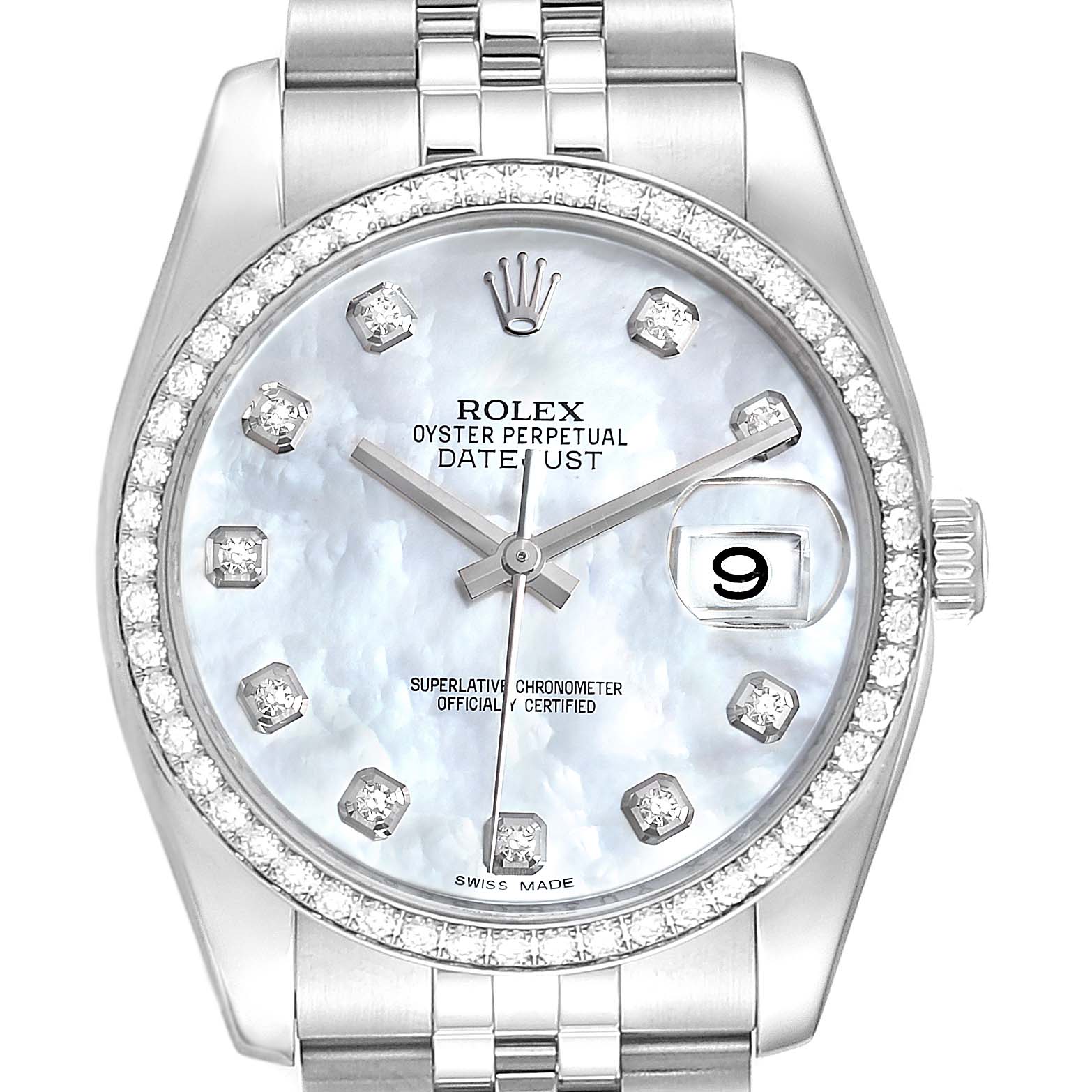 The image shows a close-up of the Rolex Datejust 116244 Men's Stainless Steel Mother of Pearl Dial 116244 Men's Stainless Steel Mother of Pearl Dial watch's dial, bezel, and part of its bracelet.