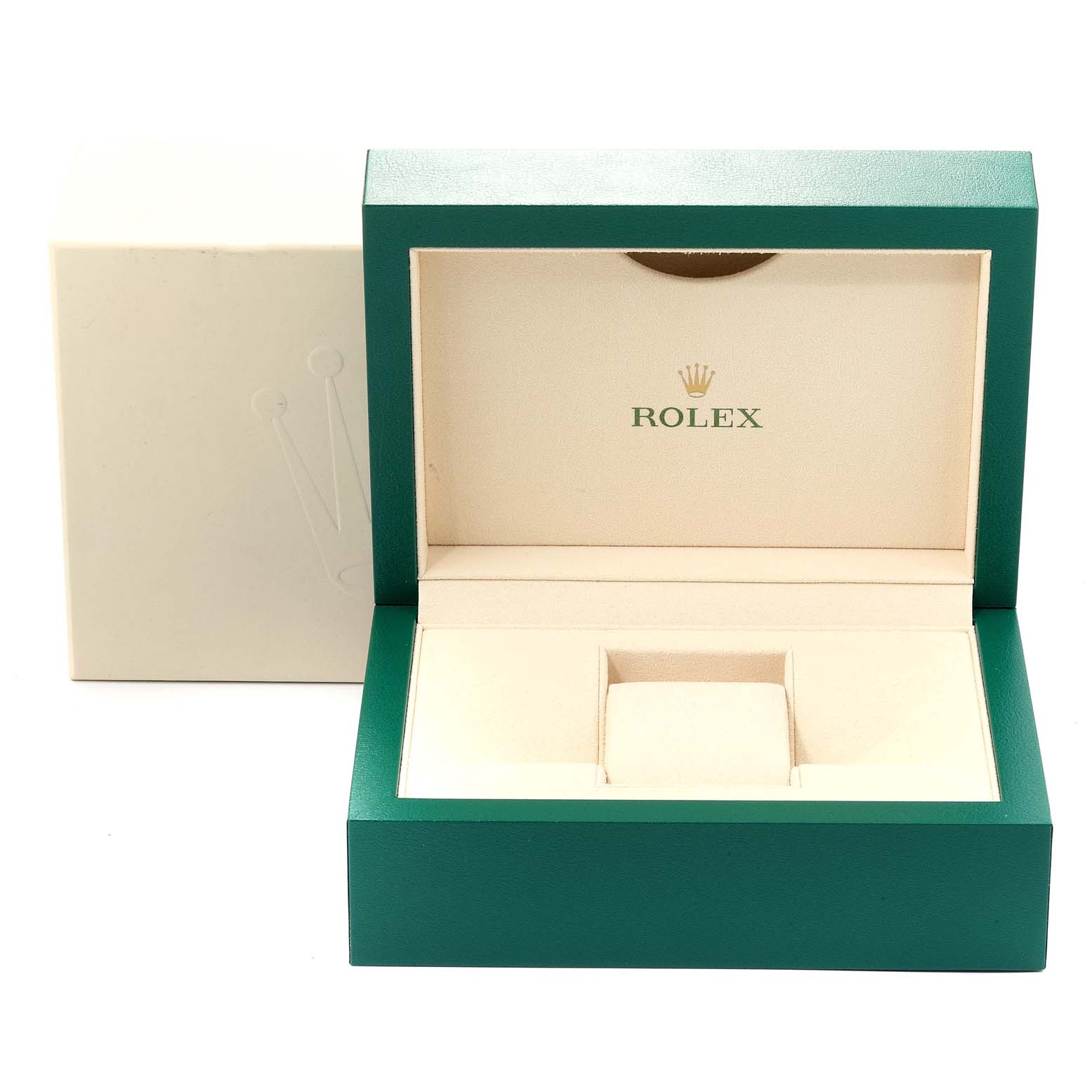 This image shows an open Rolex Datejust 116244 Men's Stainless Steel Mother of Pearl Dial 116244 Men's Stainless Steel Mother of Pearl Dial watch box and its beige interior with the brand logo.