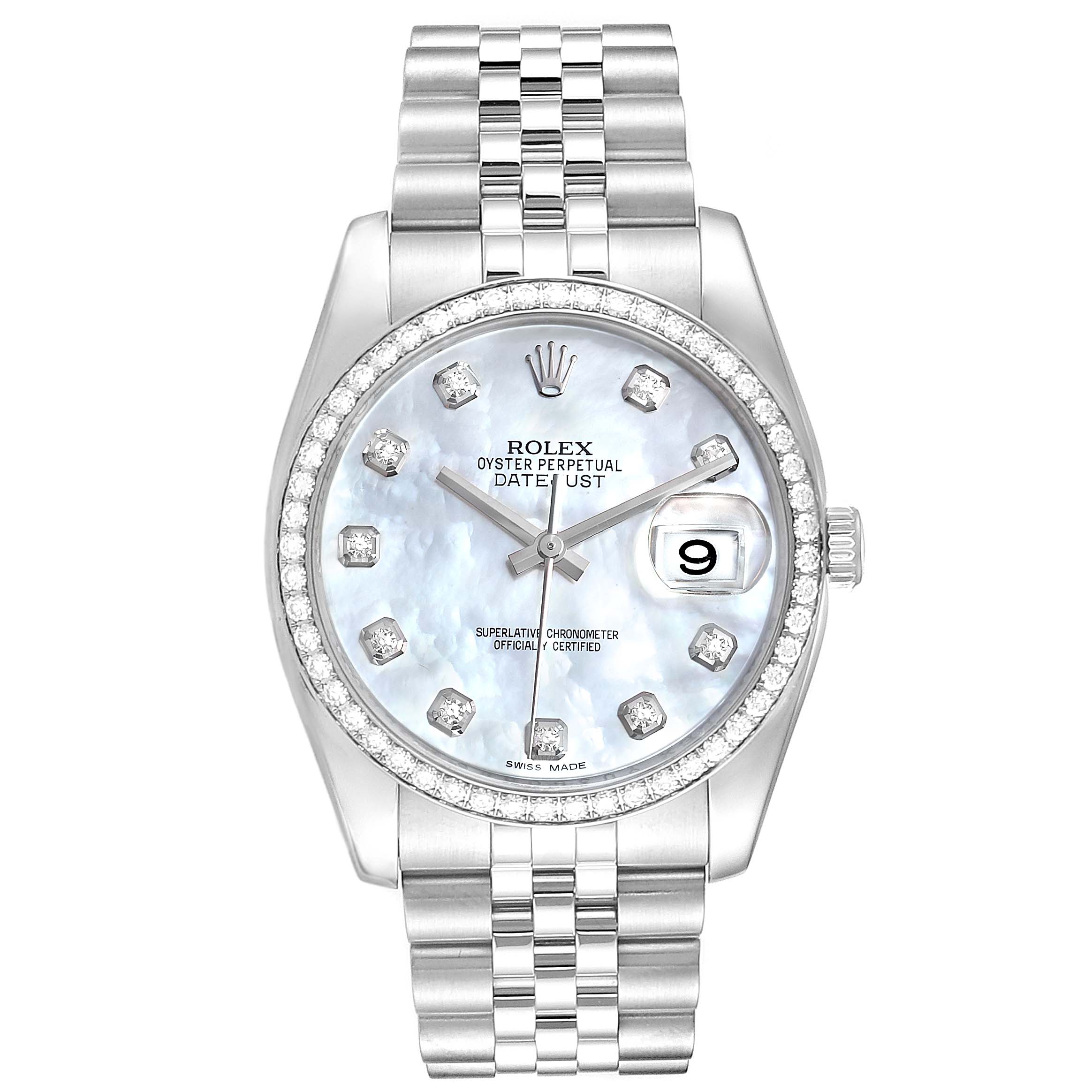 This image shows a front view of a Rolex Datejust 116244 Men's Stainless Steel Mother of Pearl Dial 116244 Men's Stainless Steel Mother of Pearl Dial watch featuring a white dial and bracelet.