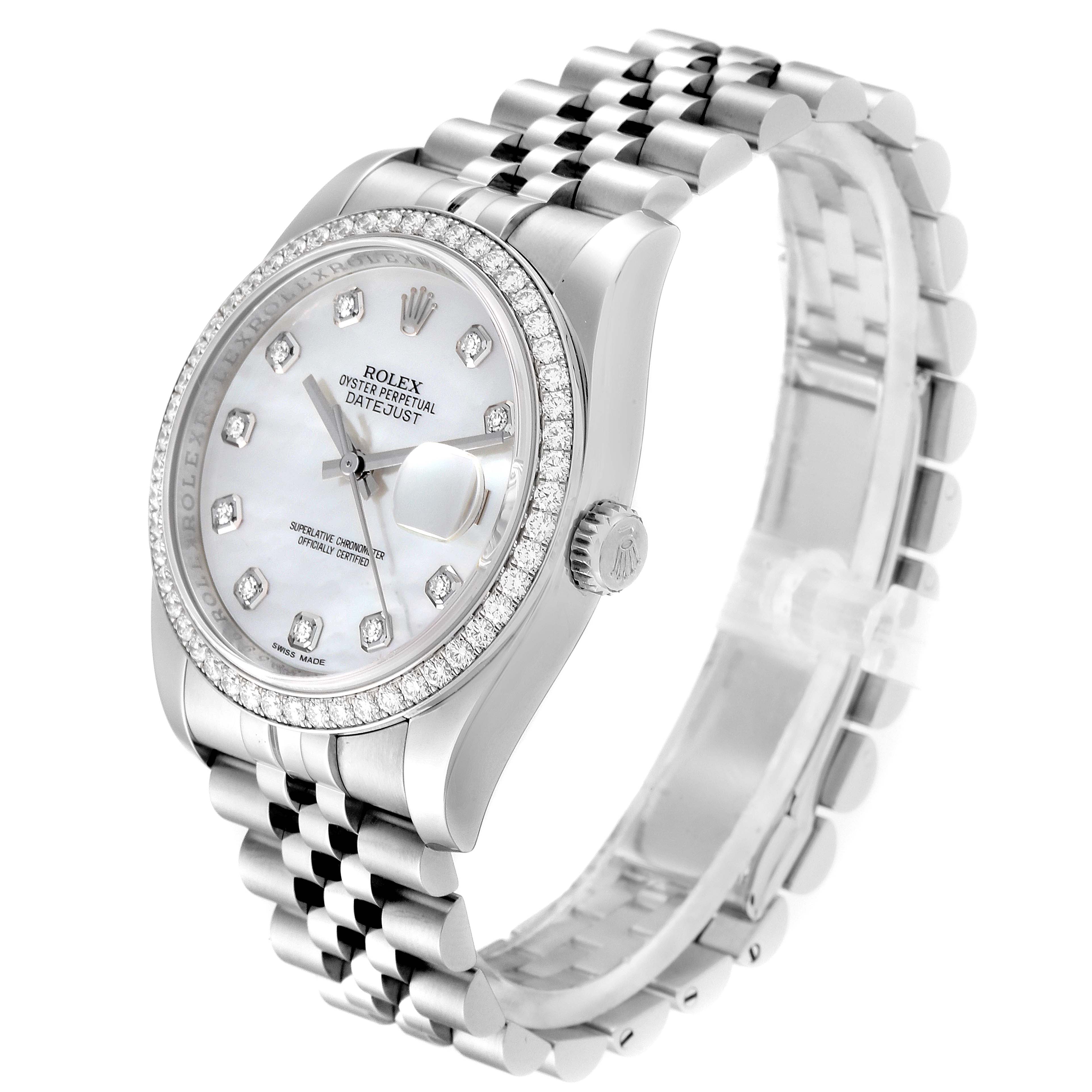The image shows a Rolex Datejust 116244 Men's Stainless Steel Mother of Pearl Dial 116244 Men's Stainless Steel Mother of Pearl Dial watch at a slight angle, highlighting the face, bezel, and bracelet links.