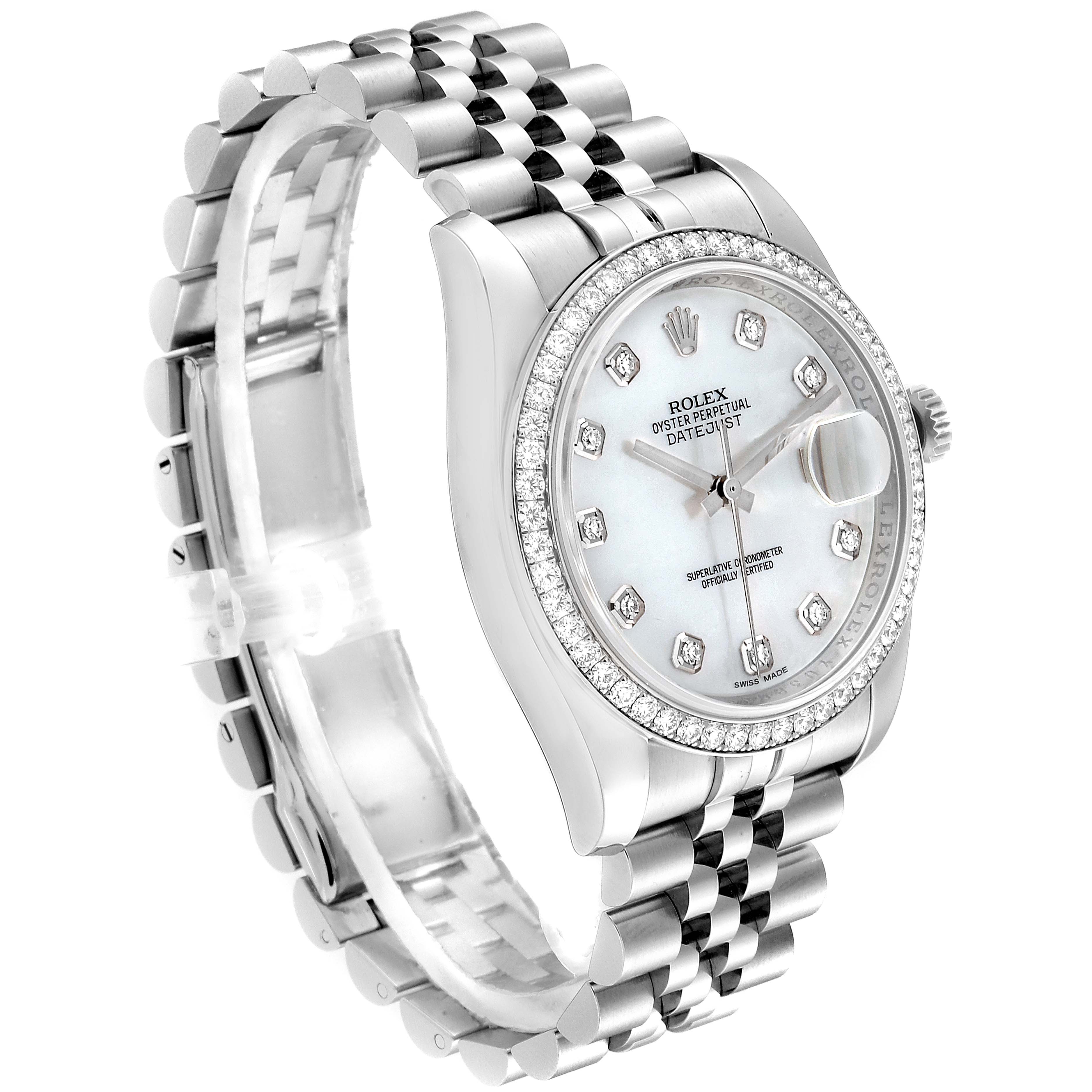 This Rolex Datejust 116244 Men's Stainless Steel Mother of Pearl Dial 116244 Men's Stainless Steel Mother of Pearl Dial watch is shown at a slight side-angle, highlighting the dial, bezel, and jubilee bracelet.