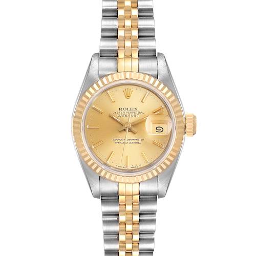 The image shows a frontal view of a Rolex Datejust 69173 Women's Steel and Gold (two tone) Champagne Dial 69173 Women's Steel and Gold (two tone) Champagne Dial watch, featuring its two-tone bracelet, gold dial, and date display.