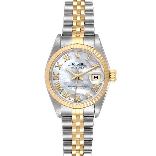 The image shows a Rolex Datejust 79173 Women's Steel and Gold (two tone) Mother of Pearl Dial 79173 Women's Steel and Gold (two tone) Mother of Pearl Dial watch with a two-tone band, mother-of-pearl dial, and date window at 3 o'clock.