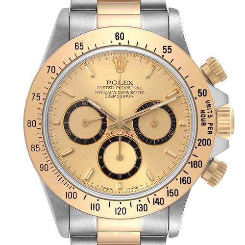 This image shows a front view of a Rolex Daytona 16523 Men's Steel and Gold (two tone) Champagne Dial 16523 Men's Steel and Gold (two tone) Champagne Dial watch, highlighting its dial, bezel, and chronograph subdials.