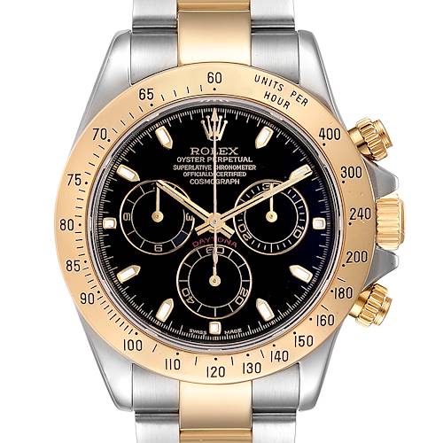 This image shows a front view of a Rolex Daytona 116523 Men's Steel and Gold (two tone) Black Dial 116523 Men's Steel and Gold (two tone) Black Dial watch, highlighting its black dial, gold bezel, and chronograph subdials.