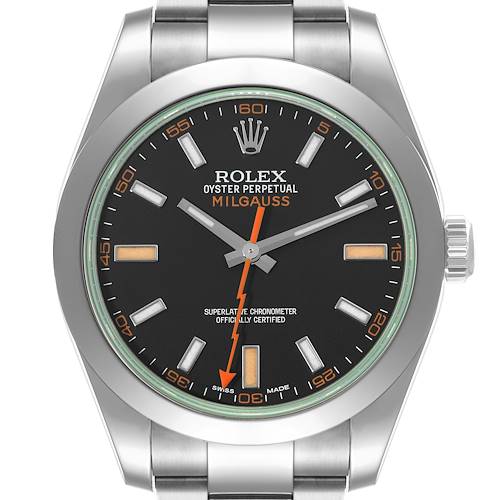 This image shows the front view of the Rolex Milgauss 116400 Men's Stainless Steel Black Dial 116400 Men's Stainless Steel Black Dial watch, highlighting the dial, hands, and stainless steel bracelet.
