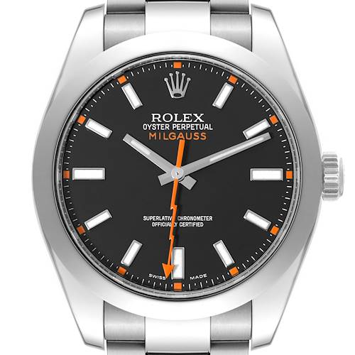The image shows a frontal view of a Rolex Milgauss 116400 Men's Stainless Steel Black Dial 116400 Men's Stainless Steel Black Dial watch, displaying its face, hands, markings, and portion of the bracelet.