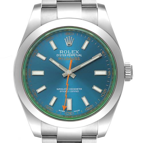 The Rolex Milgauss 116400GV Men's Stainless Steel Blue Dial 116400GV Men's Stainless Steel Blue Dial watch is shown from the front, highlighting its dial, bezel, and part of the bracelet.