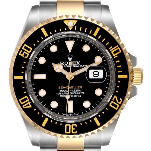 This image shows a front view of the Rolex Sea-Dweller 126603 Men's Steel and Gold (two tone) Black Dial 126603 Men's Steel and Gold (two tone) Black Dial watch, highlighting the dial, bezel, and bracelet.