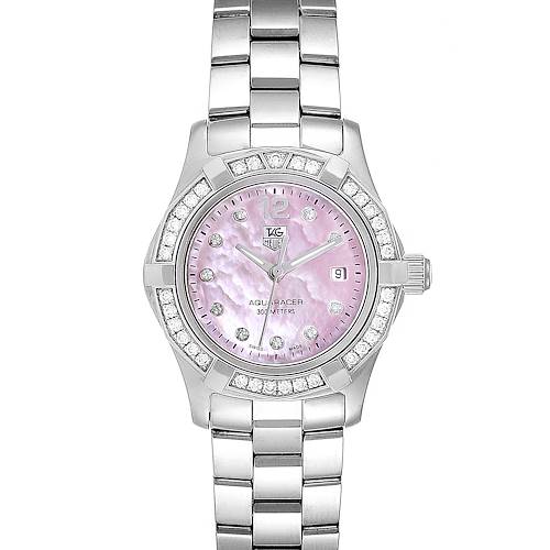 This is a front view of the Tag Heuer Aquaracer WAF141B.BA0824 Women's Stainless Steel Mother of Pearl Dial WAF141B.BA0824 Women's Stainless Steel Mother of Pearl Dial watch, showing the face, bezel, and part of the bracelet.