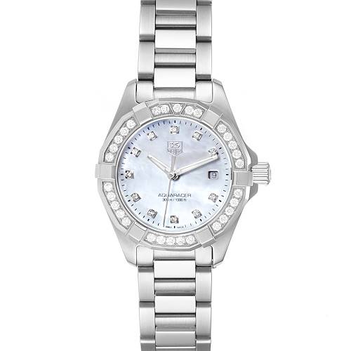 The image shows a front view of the Tag Heuer Aquaracer WAY1414.BA0920 Women's Stainless Steel Mother of Pearl Dial WAY1414.BA0920 Women's Stainless Steel Mother of Pearl Dial watch, displaying its face, bezel, and part of the bracelet.