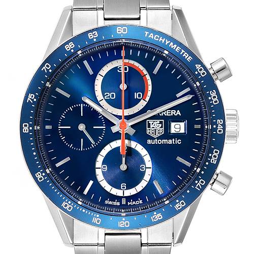 The Tag Heuer Carrera CV2A1V.BA0738 Men's Stainless Steel Blue Dial CV2A1V.BA0738 Men's Stainless Steel Blue Dial watch is shown from the front, highlighting its blue dial, sub-dials, date window, and tachymeter bezel.