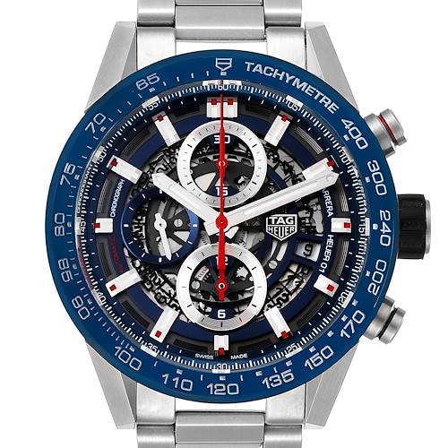 The image shows a front view of the Tag Heuer Carrera CAR201T.BA0766 Men's Stainless Steel Blue Dial CAR201T.BA0766 Men's Stainless Steel Blue Dial watch featuring its chronograph dials, tachymeter, and steel bracelet.