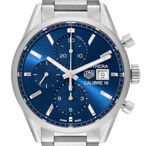 This image shows a front view of the Tag Heuer Carrera CBK2112.BA0715 Men's Stainless Steel Blue Dial CBK2112.BA0715 Men's Stainless Steel Blue Dial Calibre 16 watch, highlighting its blue dial, subdials, and date display.