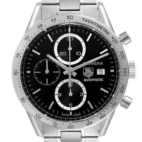 The image shows the face of a Tag Heuer Carrera CV2016 Men's Stainless Steel Black Dial CV2016 Men's Stainless Steel Black Dial watch with a stainless steel band, tachymeter bezel, and three sub-dials.