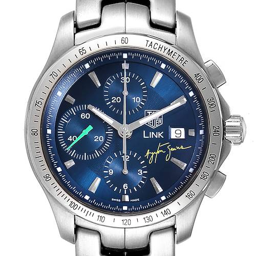 This image shows a frontal view of the Tag Heuer Limited Edition CJF2113.BA0576 Men's Stainless Steel Blue Dial CJF2113.BA0576 Men's Stainless Steel Blue Dial Link model watch, displaying its blue dial, chronographs, and date window.