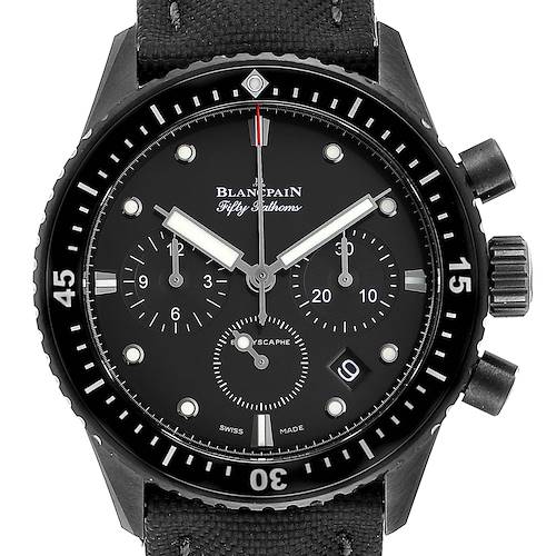 The image shows a frontal view of the Blancpain Fifty Fathoms 5200-0130-B52A Men's Stainless Steel Black Dial 5200-0130-B52A Men's Stainless Steel Black Dial watch, displaying its dial, hands, subdials, and bezel clearly.