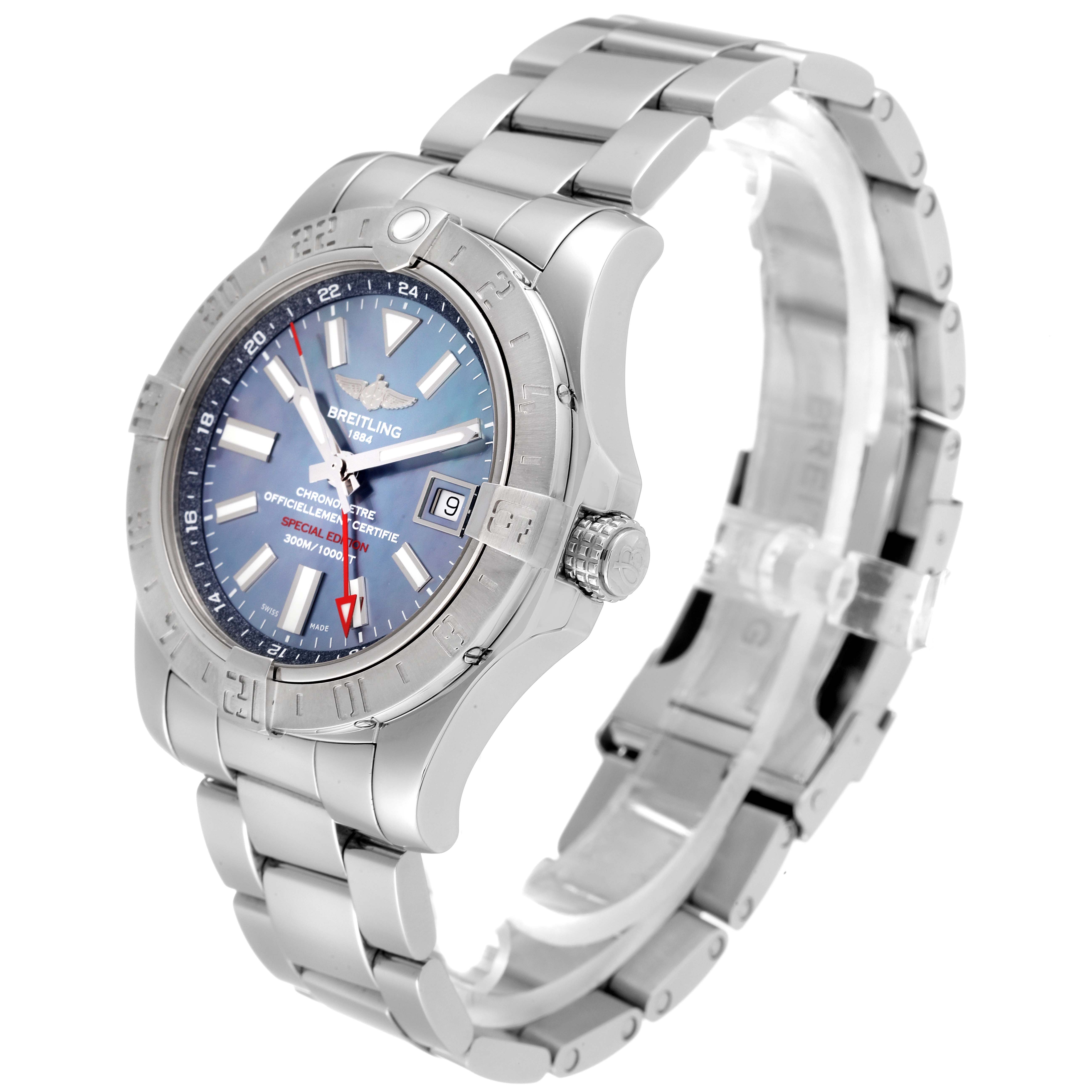 The Breitling Avenger A3239011-C872-170A Men's Stainless Steel Mother of Pearl Dial A3239011-C872-170A Men's Stainless Steel Mother of Pearl Dial watch is shown at a three-quarter angle, highlighting its metal bracelet and blue dial with a date window.