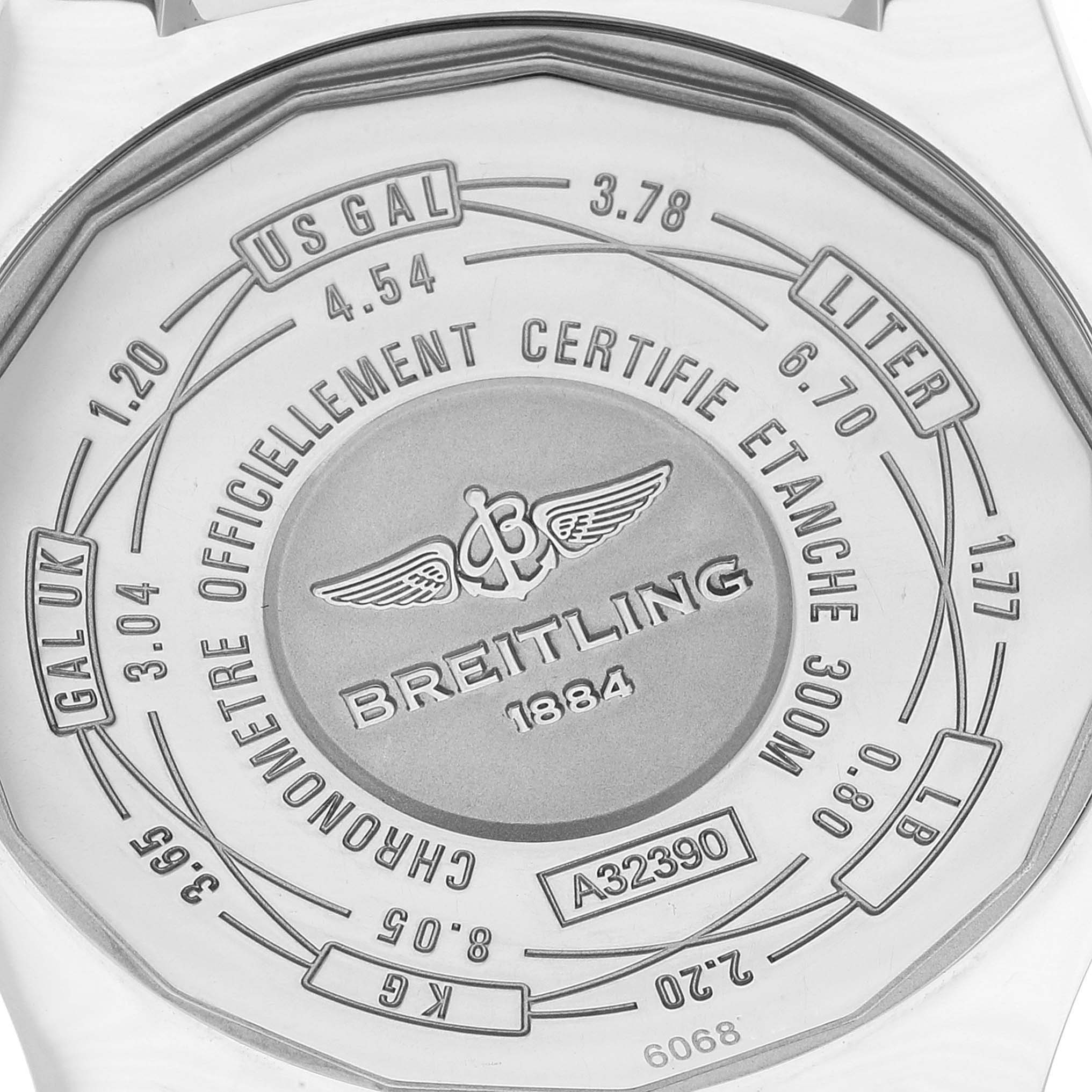 This image shows the back case of a Breitling Avenger A3239011-C872-170A Men's Stainless Steel Mother of Pearl Dial A3239011-C872-170A Men's Stainless Steel Mother of Pearl Dial watch, displaying various unit conversions and the model number.