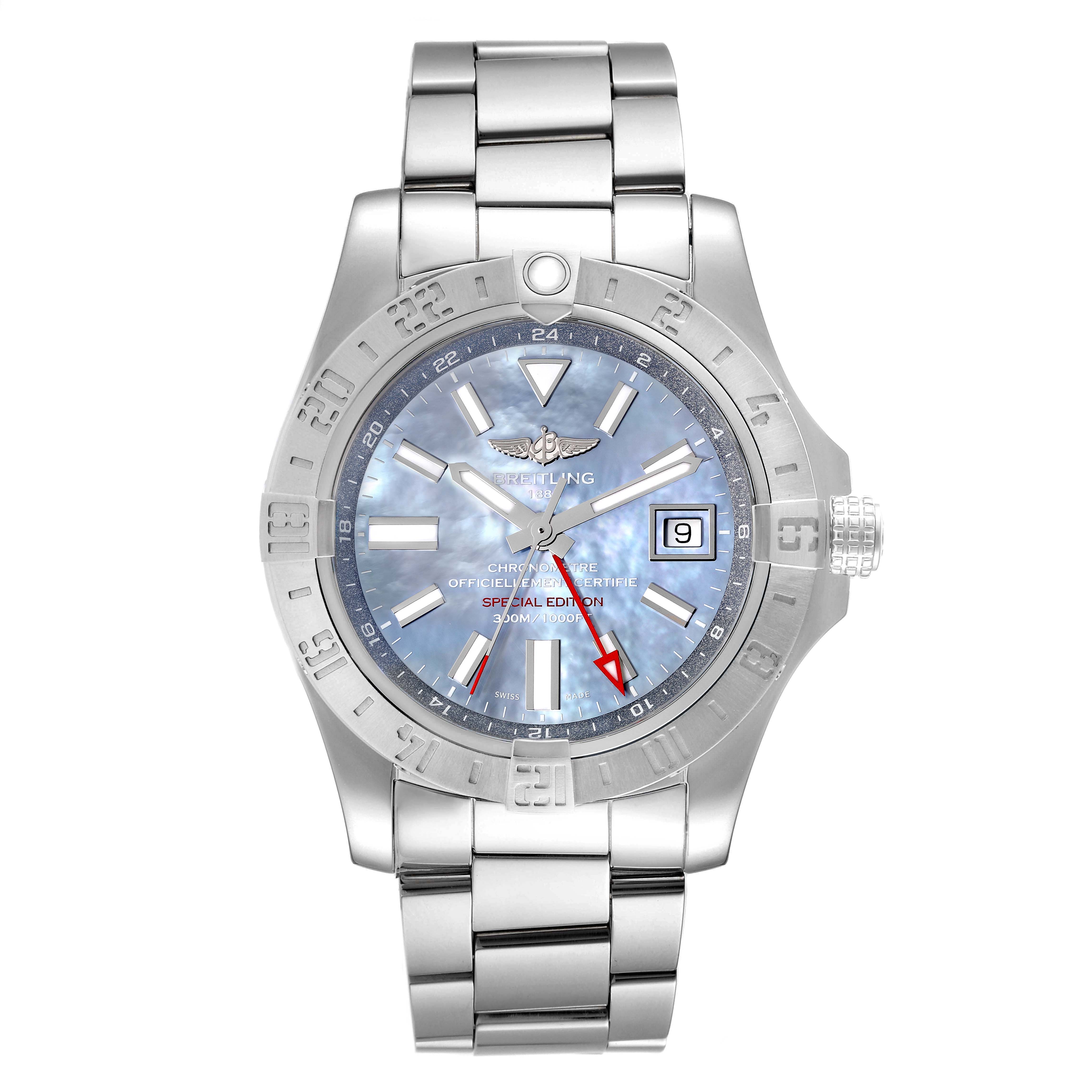 The image shows a front view of a Breitling Avenger A3239011-C872-170A Men's Stainless Steel Mother of Pearl Dial A3239011-C872-170A Men's Stainless Steel Mother of Pearl Dial watch, displaying the dial, bezel, and stainless steel bracelet.
