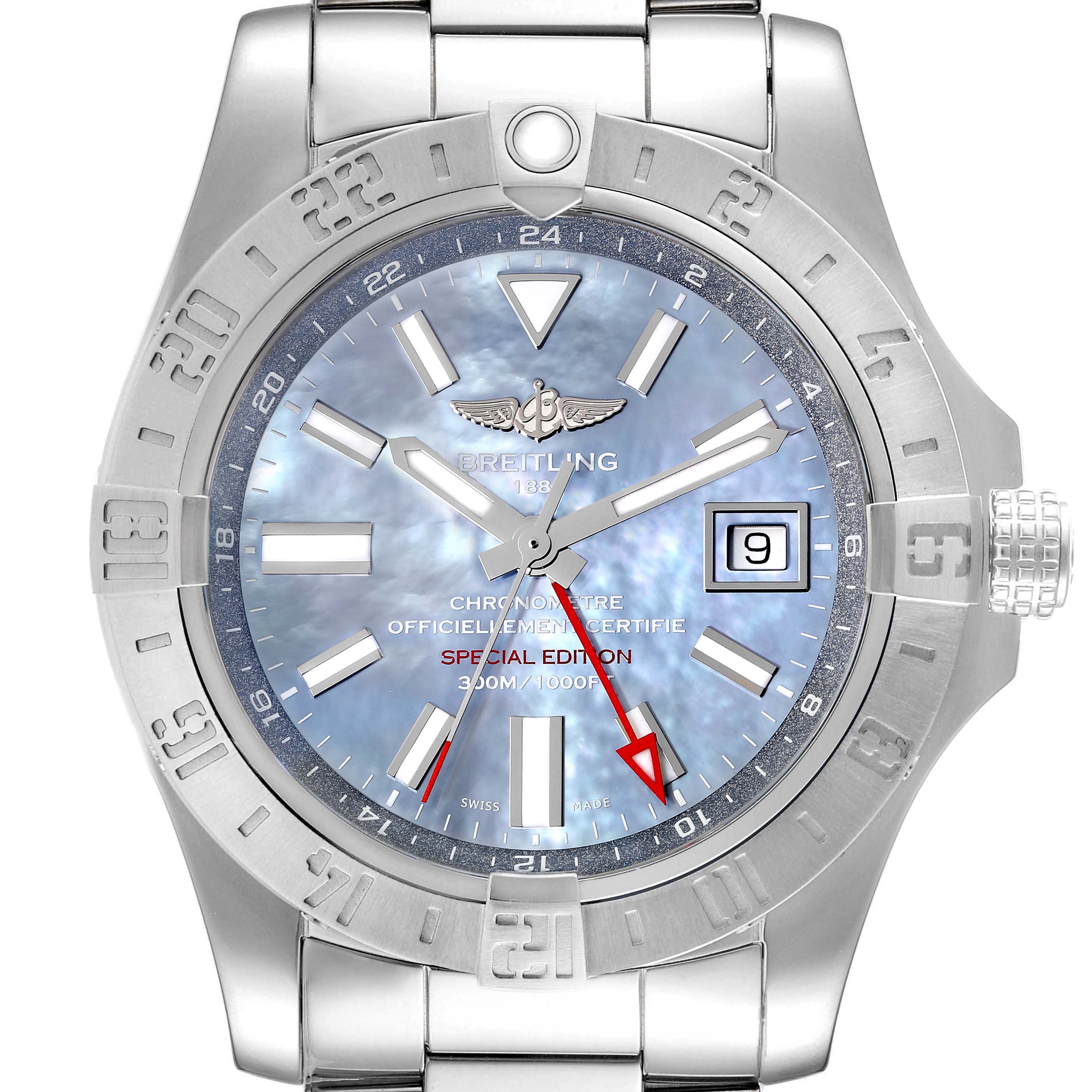 The Breitling Avenger A3239011-C872-170A Men's Stainless Steel Mother of Pearl Dial A3239011-C872-170A Men's Stainless Steel Mother of Pearl Dial watch is shown from a front angle, highlighting its dial, bezel, hands, date display, and part of the bracelet.