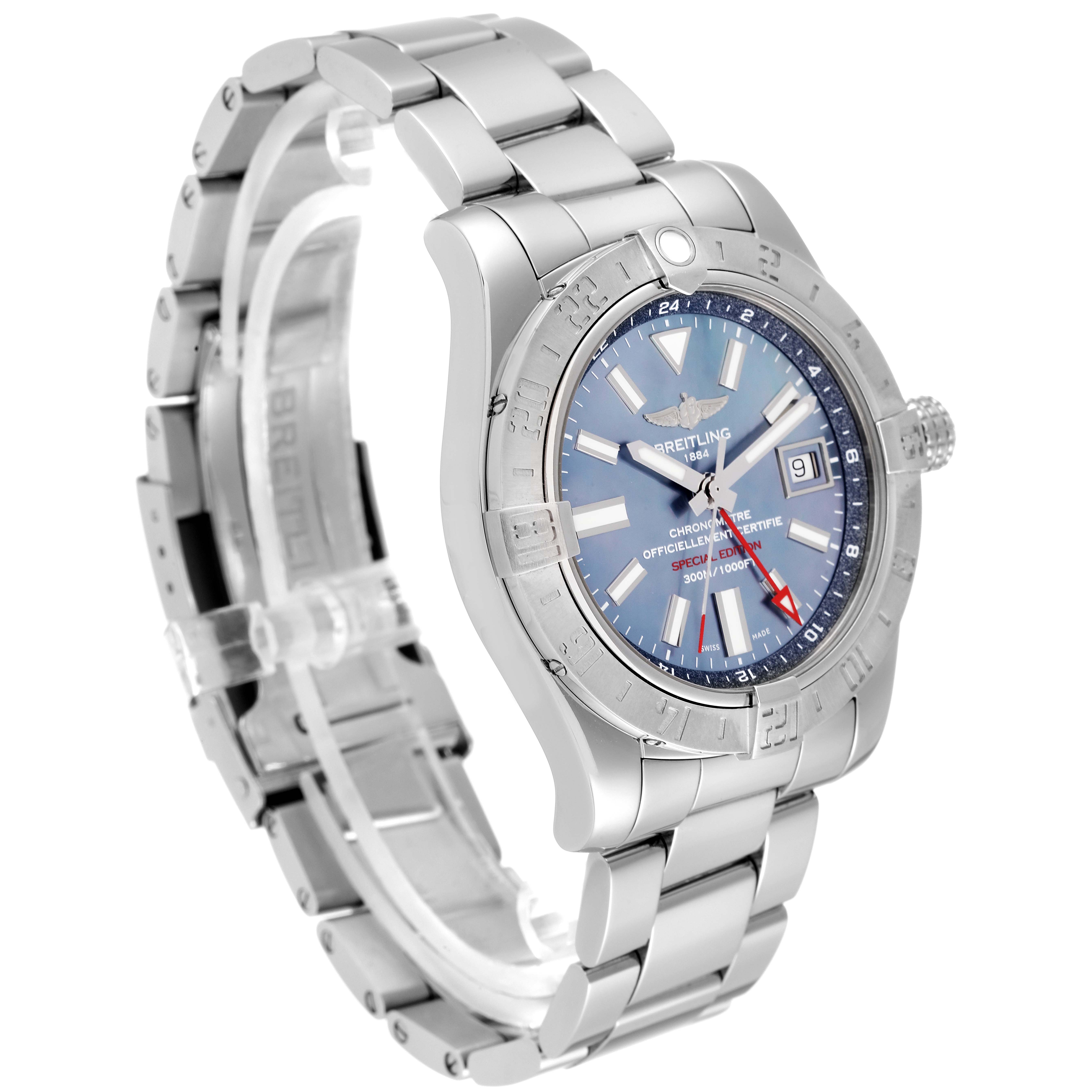 This image shows a Breitling Avenger A3239011-C872-170A Men's Stainless Steel Mother of Pearl Dial A3239011-C872-170A Men's Stainless Steel Mother of Pearl Dial watch at a three-quarter angle, displaying the face, bezel, and bracelet.